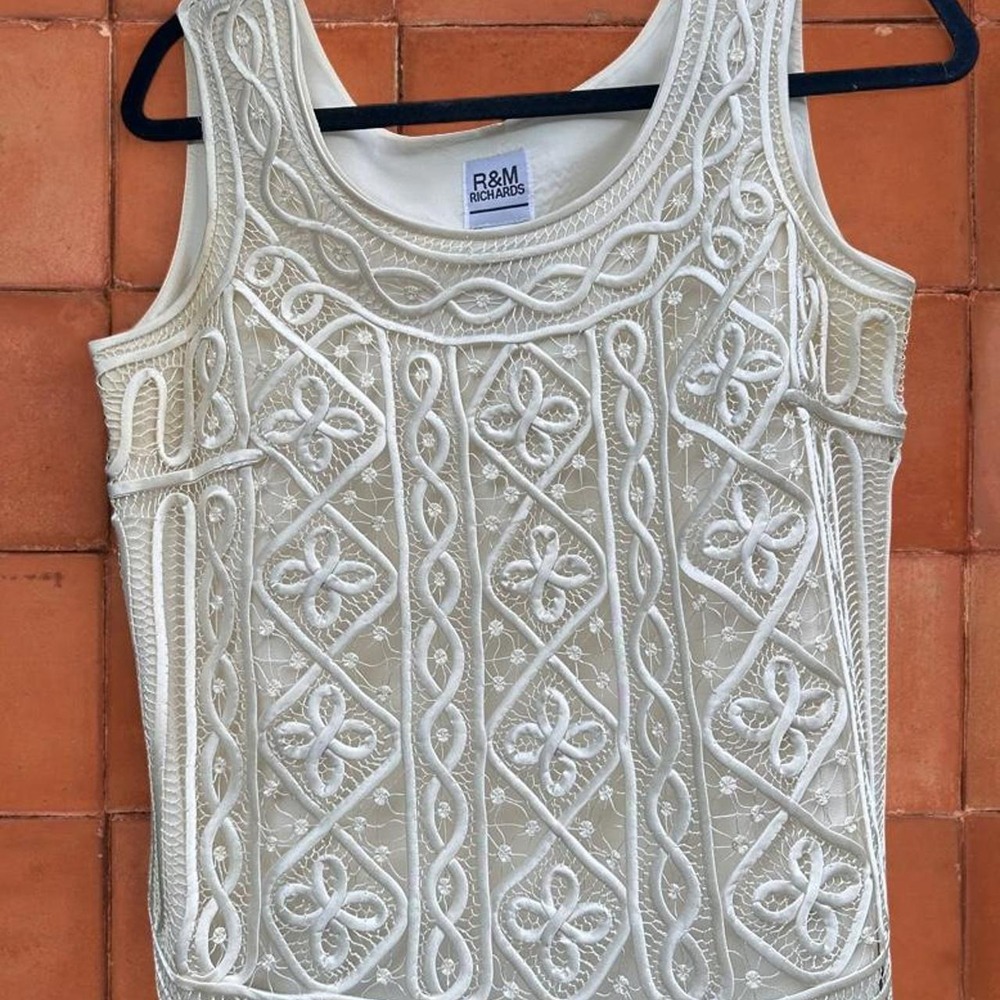 R&M Richards Ivory Tank with Geometric Ribbon Lace Overlay